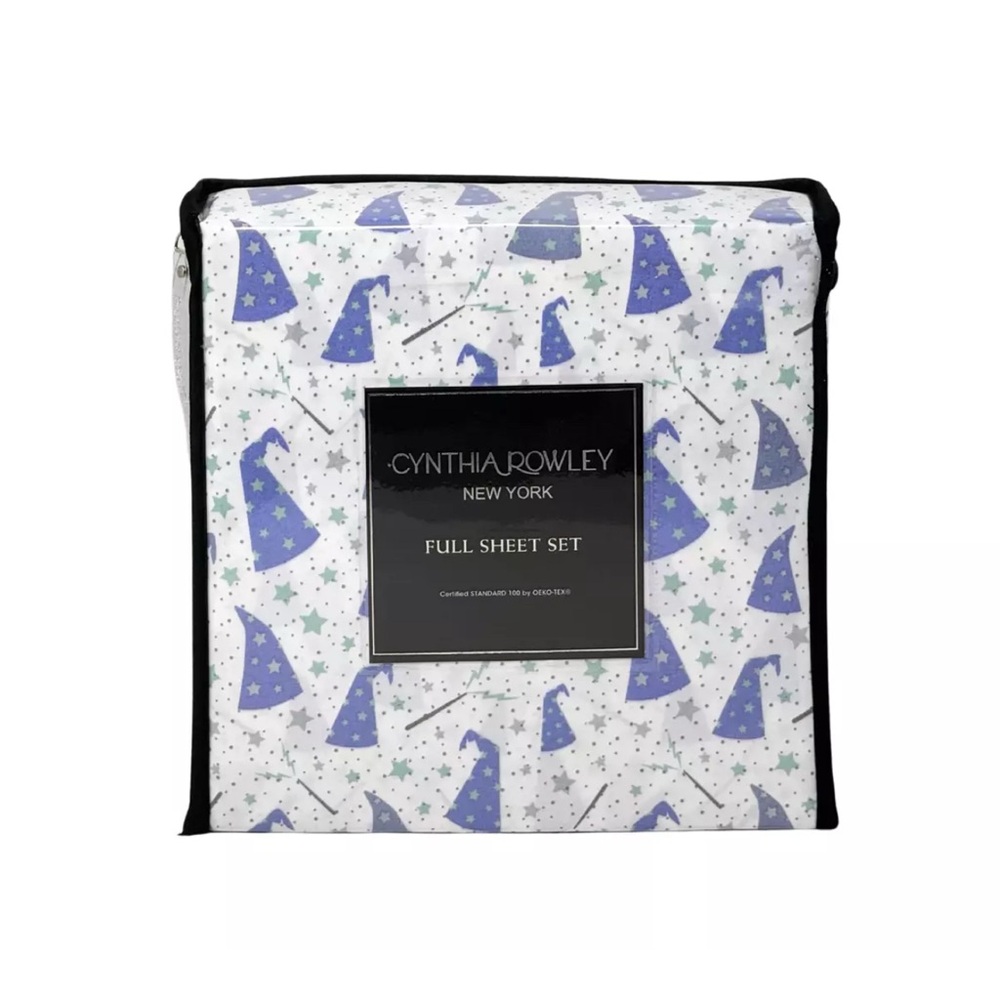 CYNTHIA ROWLEY 4 PC FULL Designer Sheet Set Wizard Hats Stars & Magic Wands NEW